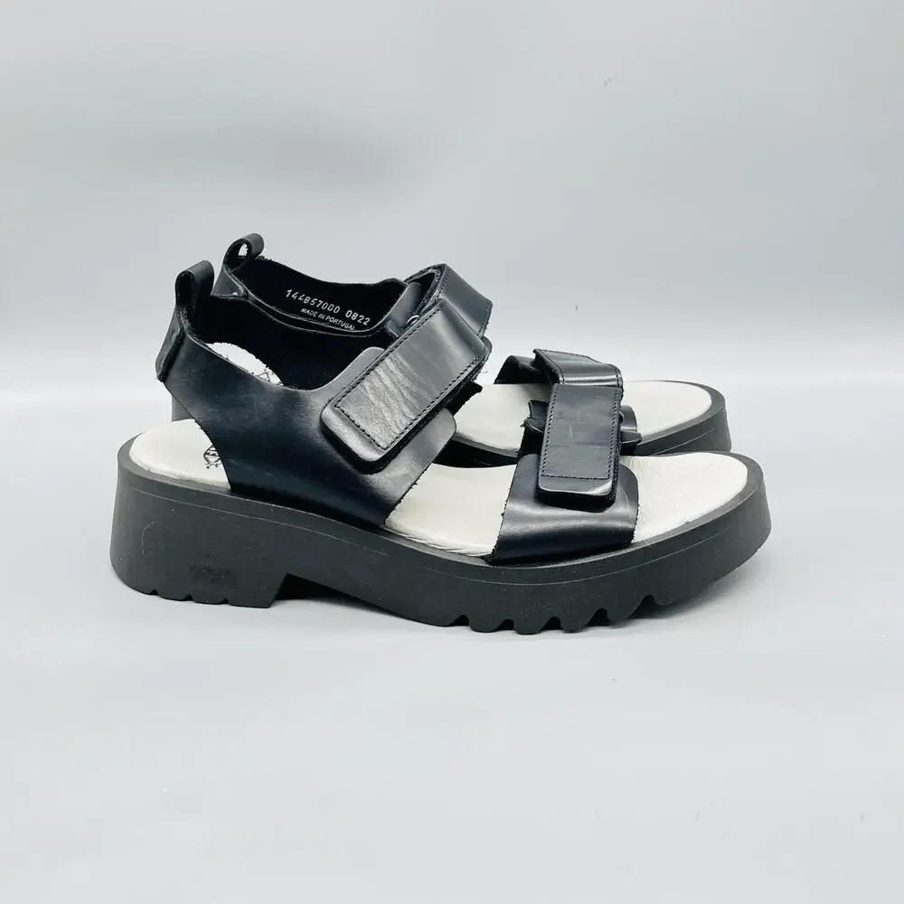 FLY London Sandals Women 11 Black Leather Strappy Hook & Loop Wedge Shoes Casual